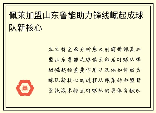 佩莱加盟山东鲁能助力锋线崛起成球队新核心