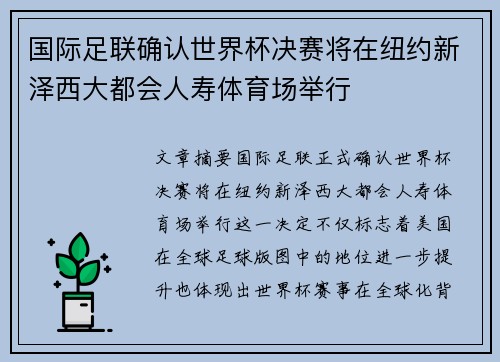 国际足联确认世界杯决赛将在纽约新泽西大都会人寿体育场举行 国际足联确认世界杯决赛将在纽约新泽西大都会人寿体育场举行
