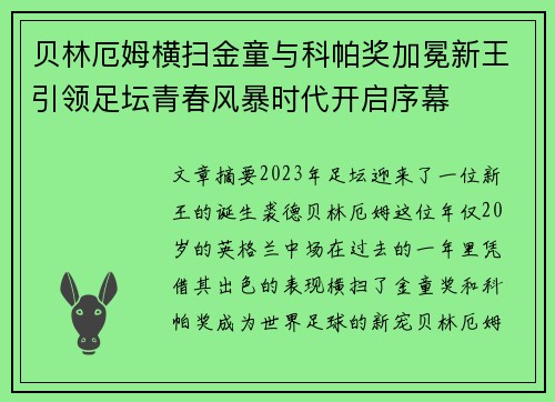 贝林厄姆横扫金童与科帕奖加冕新王引领足坛青春风暴时代开启序幕 贝林厄姆横扫金童与科帕奖加冕新王引领足坛青春风暴时代开启序幕